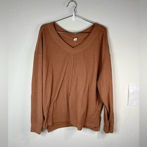 Anrabess Women’s Brown Ribbed V-Neck Sweater Size Large Oversized Casual Knit